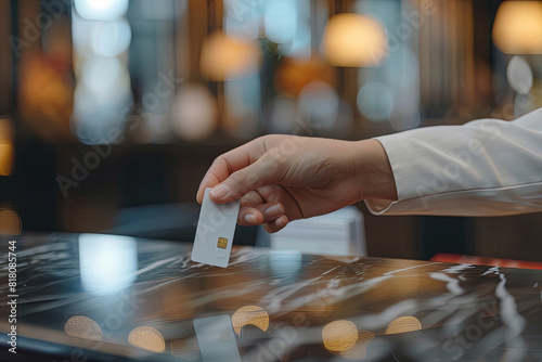 Guest takes room key card at check-in desk of hotel, close up 