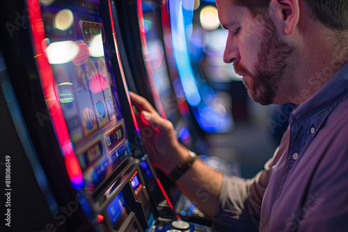 Man losing at slot machines in casino 