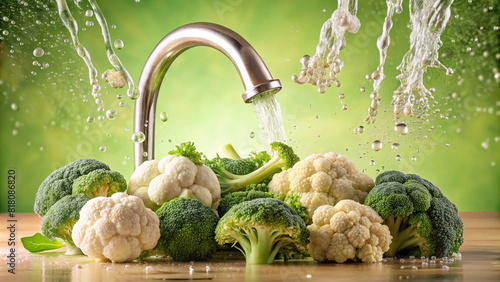 Fresh broccoli florets and cauliflower being washed under a faucet, with water droplets splashing against a pastel-toned background, evoking a sense of natural purity.