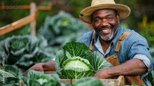 Positive african-american man farmer with cabbage on the garden, agriculture concept