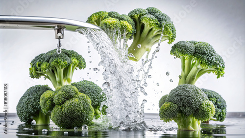 Fresh broccoli florets being cleaned under a running tap, with water splashing against a clean white surface