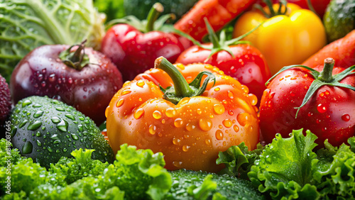 Close-up of water droplets clinging to the surface of various vegetables, highlighting their freshness and crispness