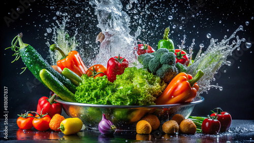 A mixture of fresh vegetables undergoing a thorough washing process, water splashes frozen in mid-air against a dark background