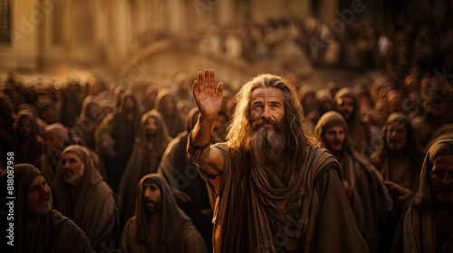 Moses Raising His Arms and Praying to God During Exodus with Followers
