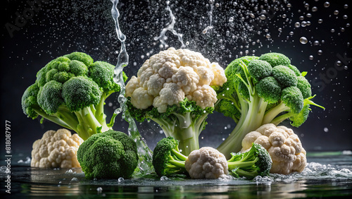 Freshly harvested broccoli and cauliflower receiving a refreshing water rinse, with splashes captured in motion against a dark backdrop