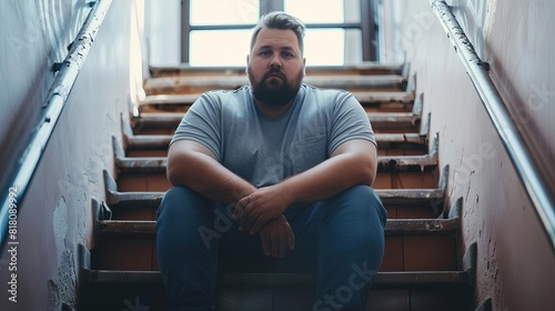 melancholic overweight man sitting alone on staircase contemplative sadness