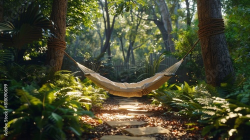 Detailed view of a forest-style garden with a hammock hanging between trees and a fern-filled understory