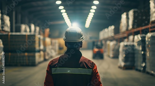Warehouse Worker donning Safety Helmet and Headlamp strolls at Eye Level amid Logistic Center with Forklift in Background Generative ai