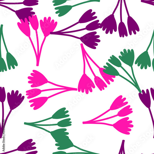 Blooming tulips and botanical elements in vibrant colors. Elegant floral seamless pattern, perfect for spring and summer textiles