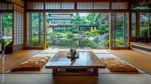 Detailed view of a modern Japanese living room with a low coffee table, tatami mats, and a large window overlooking a garden