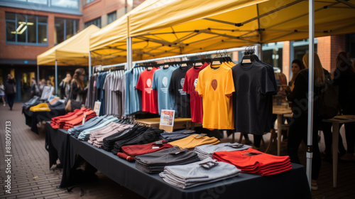 Freshers Fair Stall Displaying Colorful T-Shirts and Apparel Outdoors