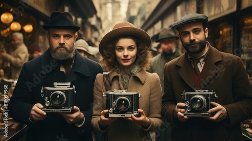Vintage Photographers Holding Classic Cameras in Timeless Outdoor Market Scene