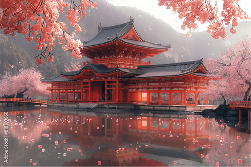 Vectorial illustration of Japanese temple with cherry trees, gently falling flower petals 