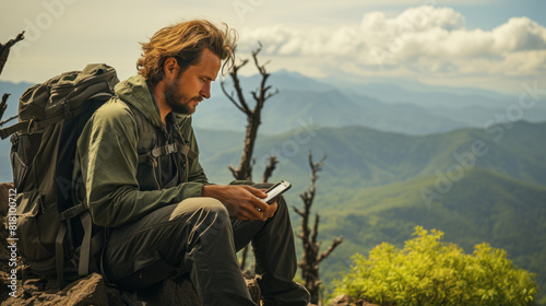 Man Using Mobile Phone While Sitting on Mountain Top with Scenic View
