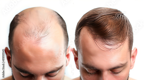 The head of a bald man before and after hair transplant surgery. Successful hair implant operation in a hair surgery clinic.