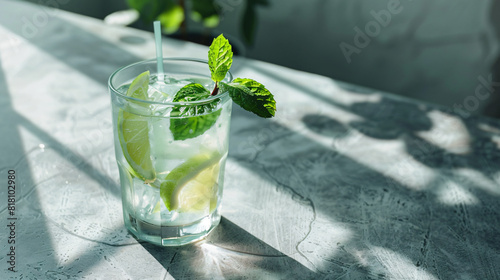 Glass of fresh mojito on grey table