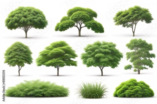 collection of green trees isolated on white background.