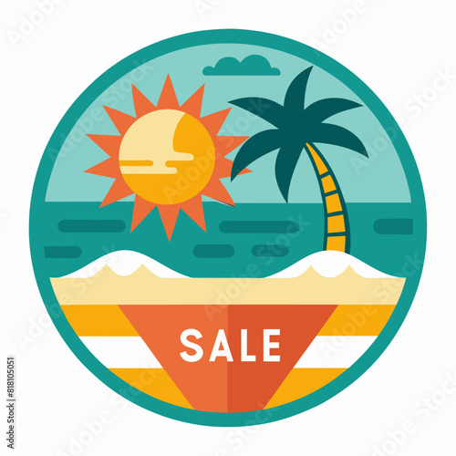 Sale banner with beach and sun elements. Flat illustration on a white background. Summer sale and vacation concept. Design for poster, banner, print.