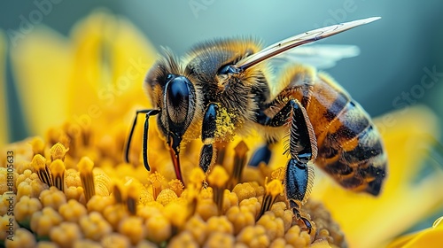 A close-up of a honeybee pollinating a flower.