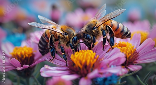 A close-up of a honeybee pollinating a flower.