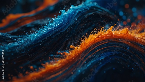 A colorful abstract painting with a blue and orange wave.