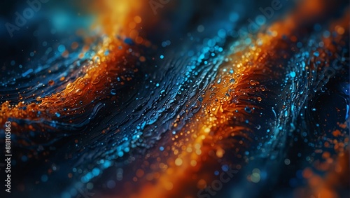 A colorful abstract painting with a blue and orange wave.
