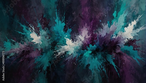Vibrant abstract painting showcasing a blend of turquoise, violet, and white, ideal for modern interiors and design.