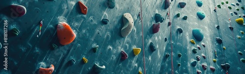 Rock climbing wall with many different colored rocks