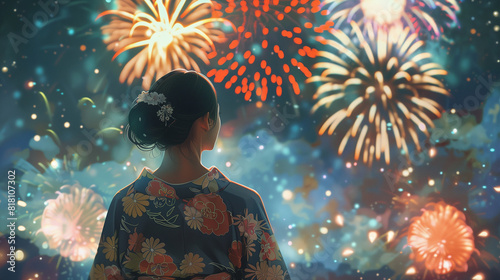 Background of a woman in yukata with fireworks in summer