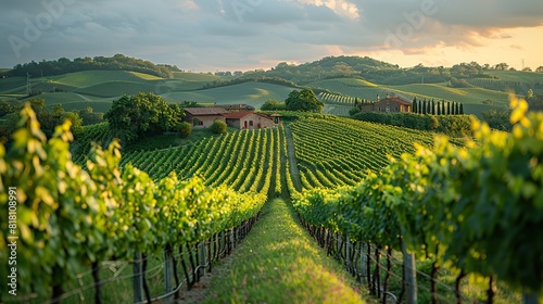 A picturesque vineyard with rows of grapevines and a distant farmhouse.