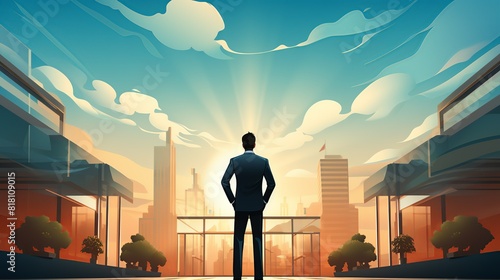 Business Success Concept, A successful business owner proudly standing in front of their storefront. surrealistic Illustration image,