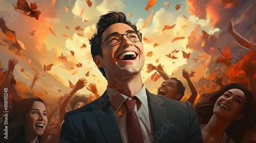 Business Success Concept, A person receiving a promotion and smiling with their colleagues. surrealistic Illustration image,