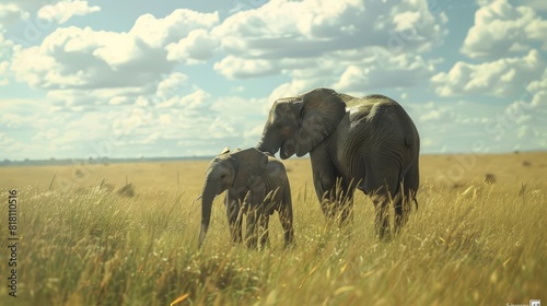 savanna serenity adult and juvenile elephants grazing in grasslands of maasai mara national park kenya 8k generative ai
