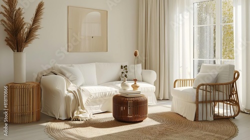 scandinavian living room interior with rattan lounge chair and white sofa