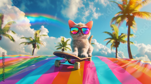 Kitten wearing sunglasses on skateboard