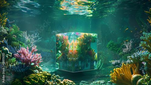 Underwater scene with corals and cube