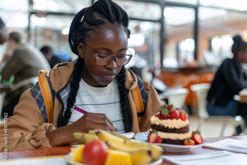 A Black girl studies in the University canteen with fresh fruit and cake on the table. Engrossed in her studies, she savors the delightful combination of snacks while diligently preparing for her