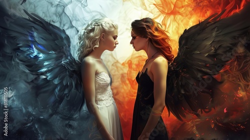 sensual angel and demon women blonde in white dress with wings vs brunette in black with dark wings fiery background digital painting