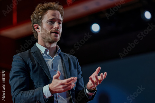 A Caucasian business executive, delivering a TED talk on the future of work and the importance of adaptability in the face of technological disruption, sharing insights and strategies to thrive in an