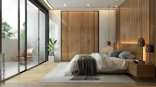 sleek and modern bedroom with minimalist wooden wardrobe glass sliding doors interior design