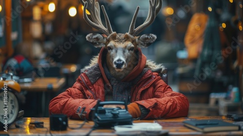 A vibrant image of an MVP person in an office setting, dressed in a highly detailed and realistic deer costume