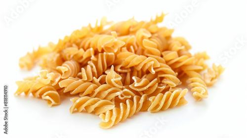 Heap of raw fusilli pasta on white background