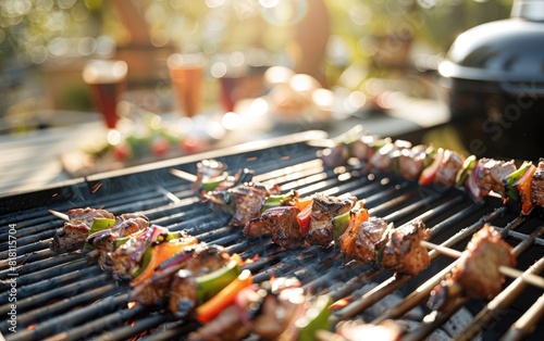 Grilling skewers and meat outdoors on a sunny day with friends nearby.