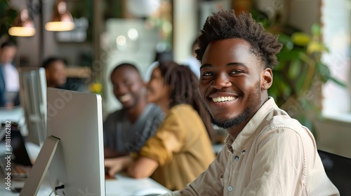 smiling young african american office worker at computer with diverse team lifestyle photo