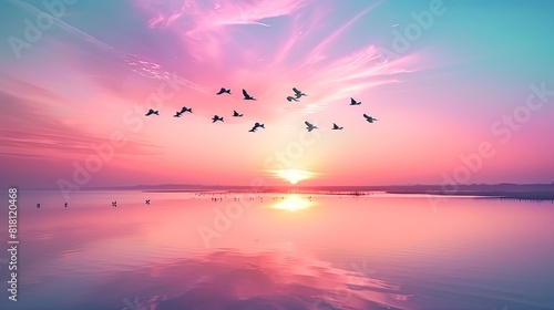 Birds in flight against the backdrop of a serene lake at dawn