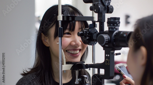 A cheerful woman undergoes a vision examination by a specialist,