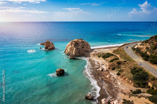 Petra tou Romiou (Aphrodite's Rock) the birthplace of Aphrodite, Paphos, Cyprus. Aerial view of Petra tou Romiou, aka Aphrodite's rock a famous tourist travel destination landmark in Paphos, Cyprus.