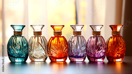 Collection of transparent multi color glass perfume bottles on a light background. Art composition still life. Stylish parfumerie banner