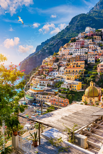 View of Positano with comfortable beach and blue sea on Amalfi Coast in Campania, Italy. Positano village on the Amalfi Coast, Salerno, Campania. Beautiful Positano, Amalfi Coast in Campania.