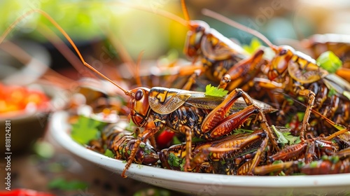 A plate of food with a few bugs on it